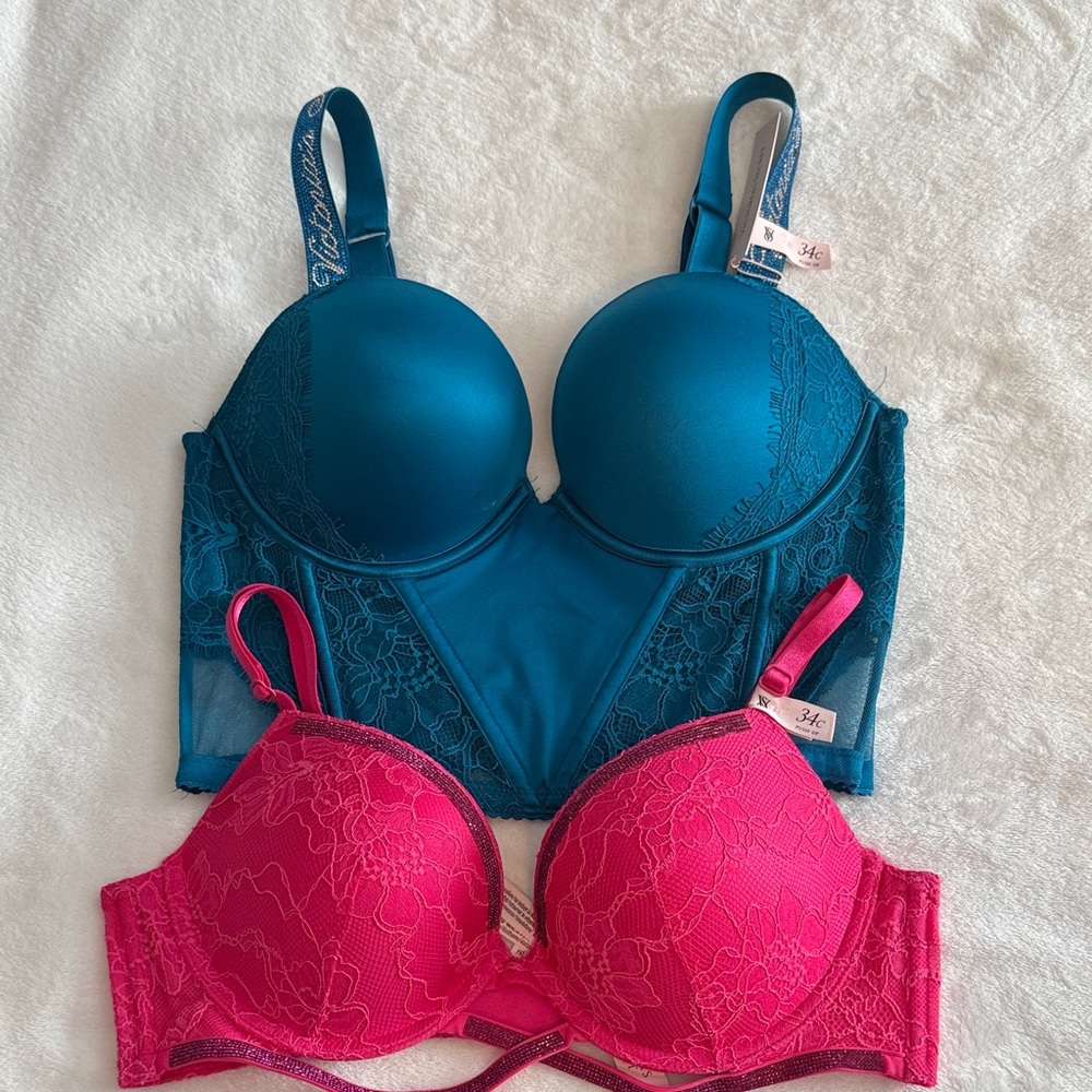 Victoria's Secret Teal and Pink Lace Bra Set